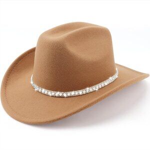 Women's Camel Western Faux Sparkling Rhinestone Band Fedora Cowboy Felt Hat